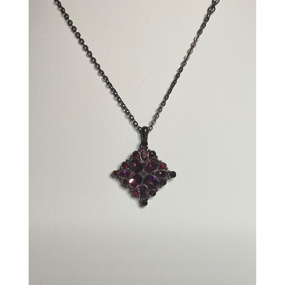 Vintage Givenchy LOGO 18" Necklace Purple & Garnet Rhinestones Black/Gun Metal